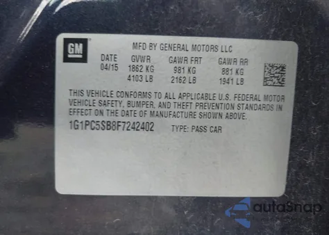 2015 Chevrolet Cruze 1Lt Auto z USA, uszkodzony, nr VIN 1G1PC5SB8F7242402